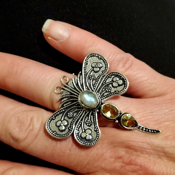 New Rainbow Moonstone & Citrine 925 Silver Dragonfly Ring. - Picture 2 of 12